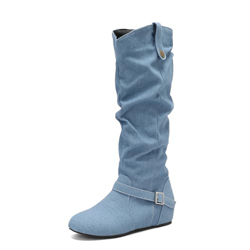 Renessmi Keilabsatz Runde Zehen Pleated Reißverschluss Damen Lockere Stiefel Interne Erhohen Mode Schnalle Long Reitstiefel Footwear Blau Gr 45 EU-47 Cn von Renessmi