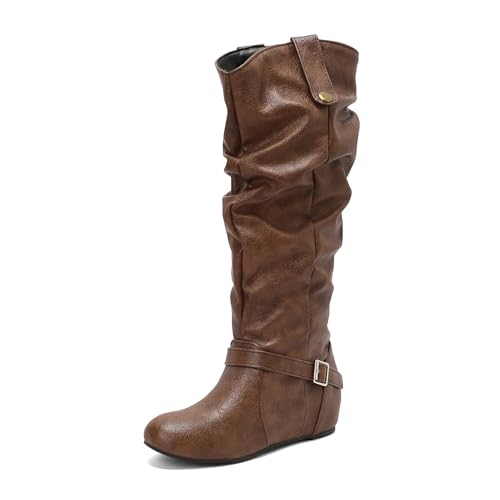 Renessmi Keilabsatz Runde Zehen Pleated Reißverschluss Damen Lockere Stiefel Interne Erhohen Mode Schnalle Long Reitstiefel Footwear Braun Gr 43 EU-45 Cn von Renessmi