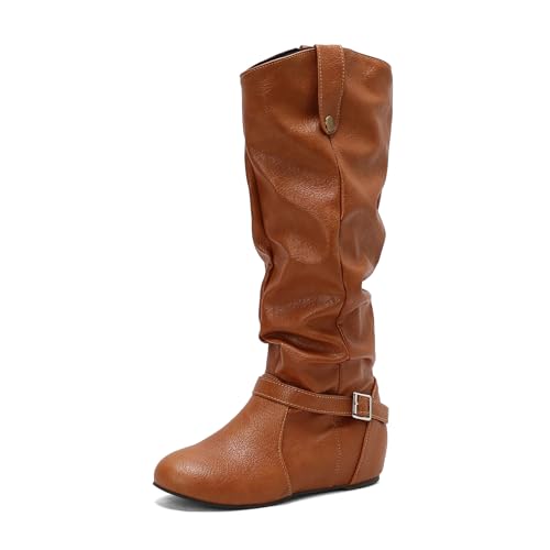 Renessmi Keilabsatz Runde Zehen Pleated Reißverschluss Damen Lockere Stiefel Interne Erhohen Mode Schnalle Long Reitstiefel Footwear Gelb Gr 36.5 EU-37 Cn von Renessmi