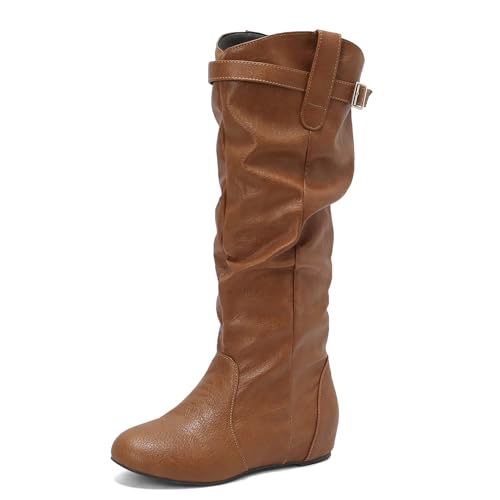 Renessmi Keilabsatz Runde Zehen Pleated Reißverschluss Damen Lockere Stiefel Interne Erhohen Mode Schnalle Long Reitstiefel Footwear Gelb Gr 39 EU-40 Cn von Renessmi