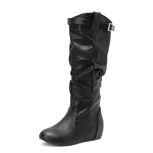 Renessmi Keilabsatz Runde Zehen Pleated Reißverschluss Damen Lockere Stiefel Interne Erhohen Mode Schnalle Long Reitstiefel Footwear Schwarz Gr 48 EU-50 Cn von Renessmi