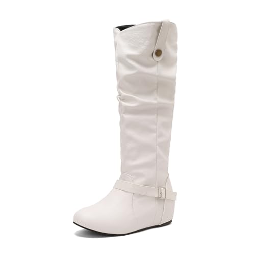 Renessmi Keilabsatz Runde Zehen Pleated Reißverschluss Damen Lockere Stiefel Interne Erhohen Mode Schnalle Long Reitstiefel Footwear Weiß Gr 47 EU-49 Cn von Renessmi