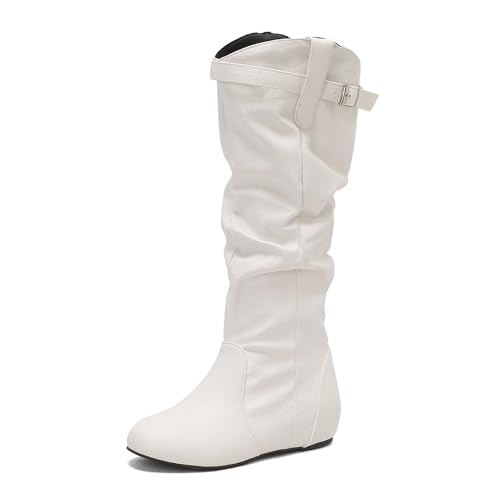 Renessmi Keilabsatz Runde Zehen Pleated Reißverschluss Damen Lockere Stiefel Interne Erhohen Mode Schnalle Long Reitstiefel Footwear Weiß Gr 48 EU-50 Cn von Renessmi