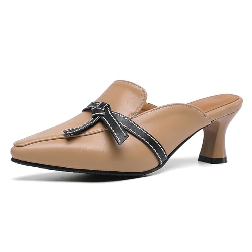 Renessmi Kitten Heel Pointed Toe Mules Ohne Verschluss Damen Pantoffeln Geschlossen Slingback Mode Draußen Hausschuhe Pantoffeln Sandals Footwear Aprikose Gr 40 EU-41 Cn von Renessmi