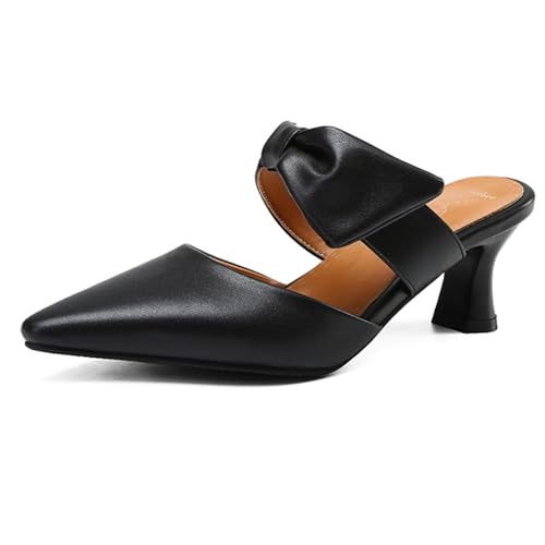 Renessmi Kitten Heel Pointed Toe Mules Ohne Verschluss Damen Pantoffeln Geschlossen Slingback Mode Draußen Hausschuhe Pantoffeln Sandals Footwear Schwarz Gr 33 EU von Renessmi