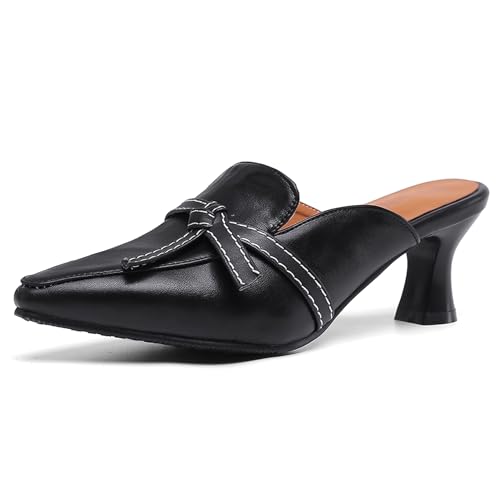 Renessmi Kitten Heel Pointed Toe Mules Ohne Verschluss Damen Pantoffeln Geschlossen Slingback Mode Draußen Hausschuhe Pantoffeln Sandals Footwear Schwarz Gr 35 EU von Renessmi