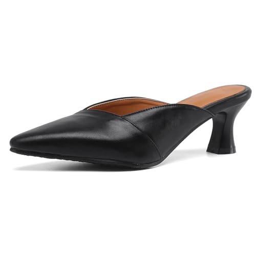 Renessmi Kitten Heel Pointed Toe Mules Ohne Verschluss Damen Pantoffeln Geschlossen Slingback Mode Draußen Hausschuhe Pantoffeln Sandals Footwear Schwarz Gr 41 EU-43 Cn von Renessmi
