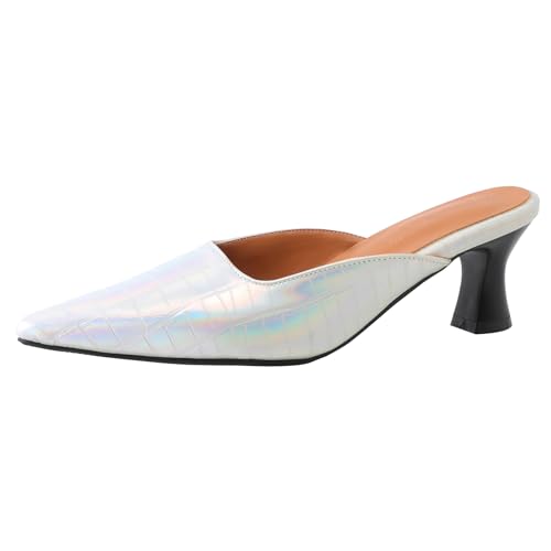 Renessmi Kitten Heel Pointed Toe Mules Ohne Verschluss Damen Pantoffeln Geschlossen Slingback Mode Draußen Hausschuhe Pantoffeln Sandals Footwear Silber Gr 35 EU von Renessmi