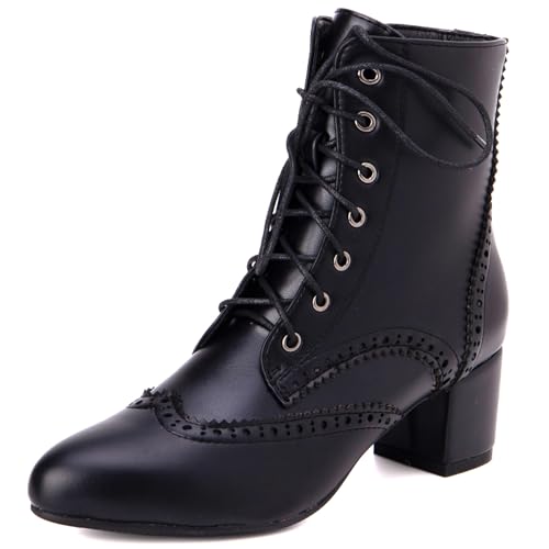 Renessmi Klassische Brogue Blockabsatz Runde Zehen Damen Kurz Motorradstiefel Schnüren Side Reißverschluss Ruffles Ankle Reitstiefel Footwear Schwarz Gr 51 EU-53 Cn von Renessmi