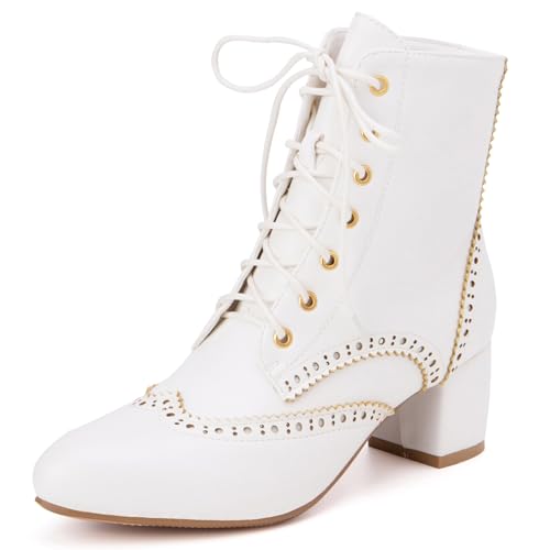 Renessmi Klassische Brogue Blockabsatz Runde Zehen Damen Kurz Motorradstiefel Schnüren Side Reißverschluss Ruffles Ankle Reitstiefel Footwear Weiß Gr 51 EU-53 Cn von Renessmi