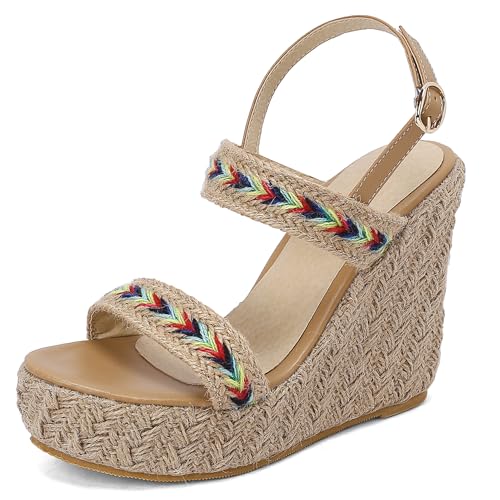 Renessmi Klassische Espadrille Keilabsatz Peep Toe Damensandalen Knöchelriemchen Twine Braid Plateau Schnalle Strand Footwear Khaki Gr 39 EU-40 Cn von Renessmi