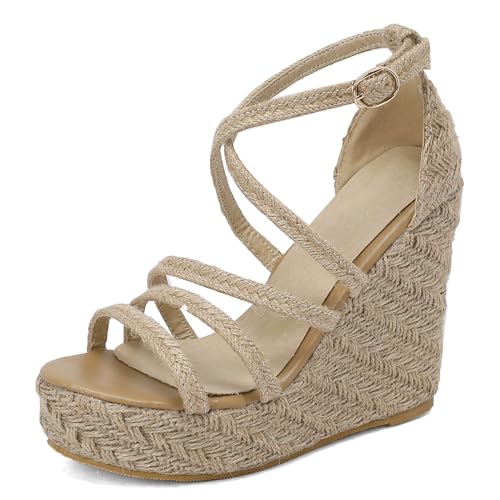 Renessmi Klassische Espadrille Keilabsatz Peep Toe Damensandalen Knöchelriemchen Twine Braid Plateau Schnalle Strand Footwear Khaki Gr 41 EU-43 Cn von Renessmi