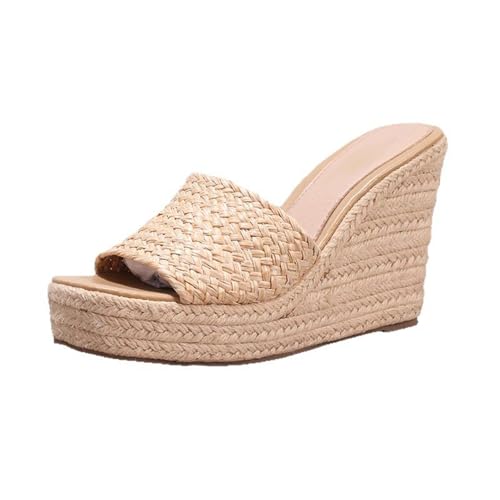 Renessmi Klassische Espadrille Peep Toe Slingback Damen Pantoffeln High Keilabsatz Plateau Braid Ohne Verschluss Strand Mules Footwear Khaki Gr 40.5 EU-42 Cn von Renessmi