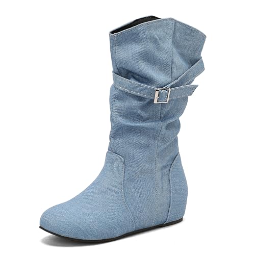 Renessmi Klassische Interne Erhohen Side Reißverschluss Damen Hohe Stiefel Schnalle Pleated Keilabsatz Solid Color Anzugstiefel Footwear Blau Gr 45 EU-47 Cn von Renessmi