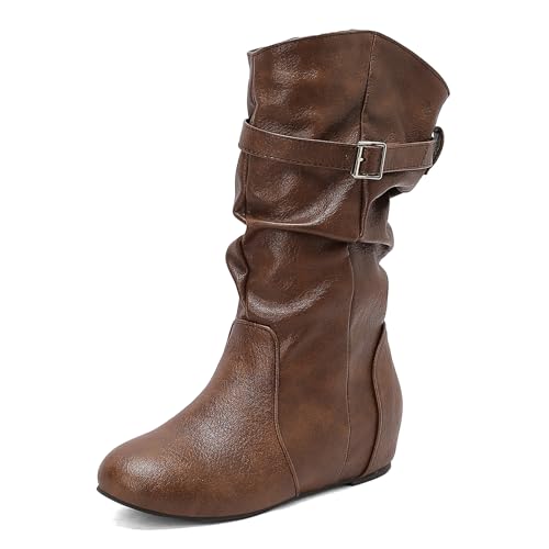 Renessmi Klassische Interne Erhohen Side Reißverschluss Damen Hohe Stiefel Schnalle Pleated Keilabsatz Solid Color Anzugstiefel Footwear Braun Gr 40.5 EU-42 Cn von Renessmi