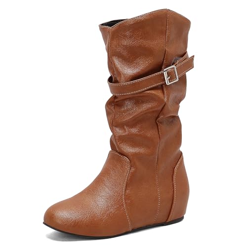 Renessmi Klassische Interne Erhohen Side Reißverschluss Damen Hohe Stiefel Schnalle Pleated Keilabsatz Solid Color Anzugstiefel Footwear Gelb Gr 36.5 EU-37 Cn von Renessmi