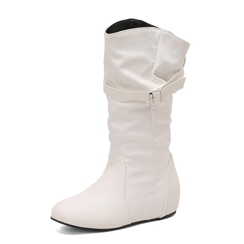 Renessmi Klassische Interne Erhohen Side Reißverschluss Damen Hohe Stiefel Schnalle Pleated Keilabsatz Solid Color Anzugstiefel Footwear Weiß Gr 36 EU von Renessmi