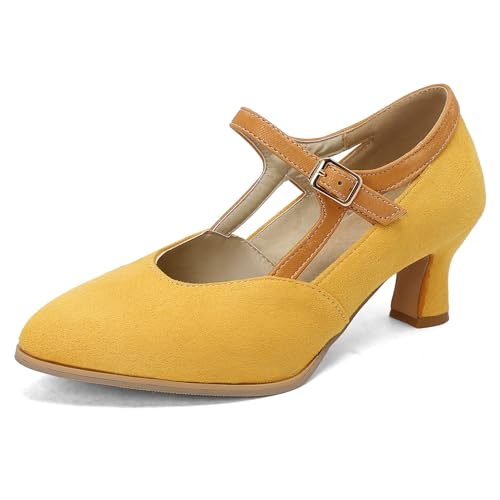 Renessmi Klassische Kitten Heel Pointed Toe Knöchelriemchen Damen Schuhe Concise Wildleder Mixed Color Retro Mary Jane Footwear Gelb Gr 40 EU-41 Cn von Renessmi