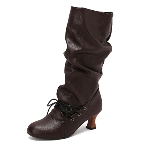 Renessmi Klassische Kitten Heel Runde Zehen Damen Long Lockere Stiefel Pleated Ohne Verschluss Herbst Winter Knee Hohe Stiefel Footwear Braun Gr 47 EU-49 Cn von Renessmi