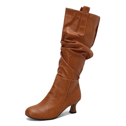 Renessmi Klassische Kitten Heel Runde Zehen Damen Long Lockere Stiefel Pleated Ohne Verschluss Herbst Winter Knee Hohe Stiefel Footwear Gelb Gr 48 EU-50 Cn von Renessmi