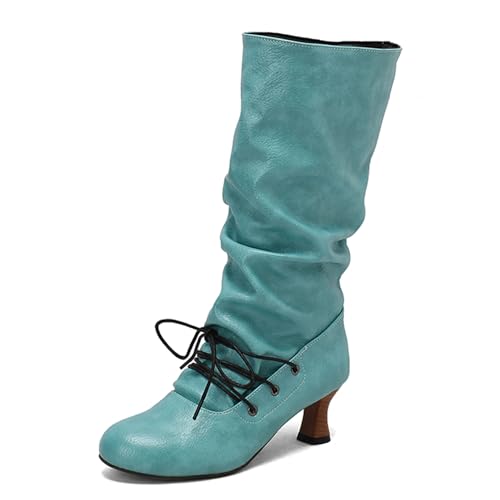 Renessmi Klassische Kitten Heel Runde Zehen Damen Long Lockere Stiefel Pleated Ohne Verschluss Herbst Winter Knee Hohe Stiefel Footwear Grün Gr 40.5 EU-42 Cn von Renessmi