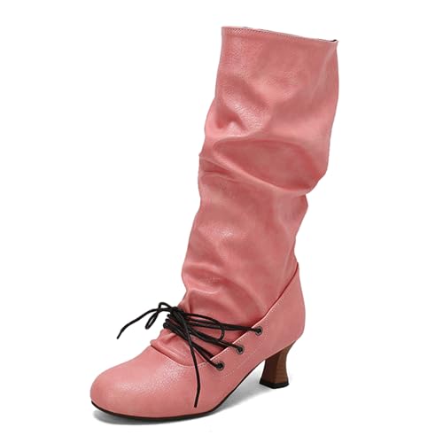 Renessmi Klassische Kitten Heel Runde Zehen Damen Long Lockere Stiefel Pleated Ohne Verschluss Herbst Winter Knee Hohe Stiefel Footwear Pink Gr 45 EU-47 Cn von Renessmi