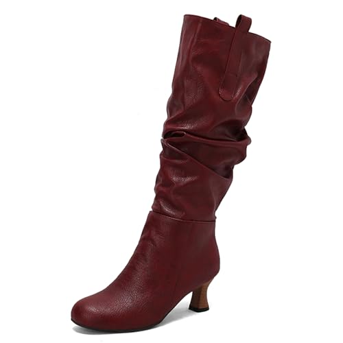 Renessmi Klassische Kitten Heel Runde Zehen Damen Long Lockere Stiefel Pleated Ohne Verschluss Herbst Winter Knee Hohe Stiefel Footwear Rotwein Gr 42 EU-44 Cn Renessmi Klassische Kitten Heel Runde Zehen Damen Long Lockere Stiefel Pleated Ohne Verschluss Herbst Winter Knee Hohe Stiefel Footwear Rotwein Gr 42 EU-44 Cn von Renessmi