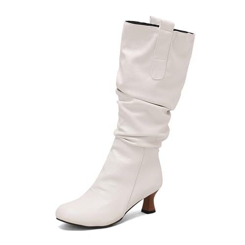 Renessmi Klassische Kitten Heel Runde Zehen Damen Long Lockere Stiefel Pleated Ohne Verschluss Herbst Winter Knee Hohe Stiefel Footwear Weiß Gr 34 EU von Renessmi