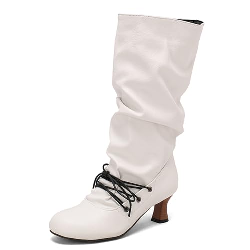 Renessmi Klassische Kitten Heel Runde Zehen Damen Long Lockere Stiefel Pleated Ohne Verschluss Herbst Winter Knee Hohe Stiefel Footwear Weiß Gr 34 EU von Renessmi