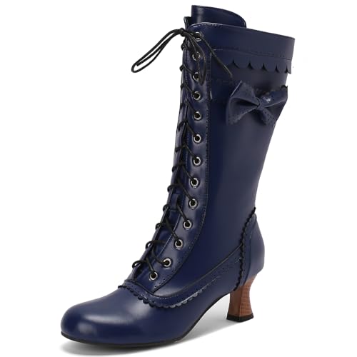 Renessmi Klassische Mid Kitten Heel Runde Zehen Damen Hohe Stiefel Schnüren Sweet Bogen Bestickt Brogue Motorradstiefel Footwear Blau Gr 44 EU-46 Cn von Renessmi
