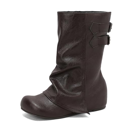Renessmi Klassische Ohne Verschluss Interne Erhohen Damen Lockere Stiefel Runde Zehen Weit Fit Keilabsatz Mode Hohe Stiefel Footwear Braun Gr 38 EU-39 Cn von Renessmi