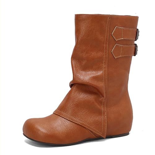 Renessmi Klassische Ohne Verschluss Interne Erhohen Damen Lockere Stiefel Runde Zehen Weit Fit Keilabsatz Mode Hohe Stiefel Footwear Gelb Gr 44 EU-46 Cn von Renessmi