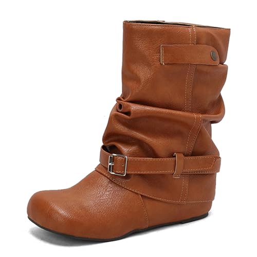 Renessmi Klassische Ohne Verschluss Interne Erhohen Damen Lockere Stiefel Runde Zehen Weit Fit Keilabsatz Mode Hohe Stiefel Footwear Gelb Gr 46 EU-48 Cn von Renessmi