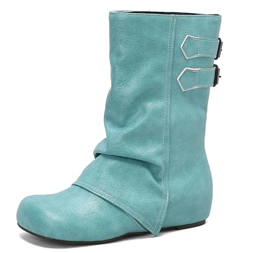 Renessmi Klassische Ohne Verschluss Interne Erhohen Damen Lockere Stiefel Runde Zehen Weit Fit Keilabsatz Mode Hohe Stiefel Footwear Grün Gr 34 EU von Renessmi