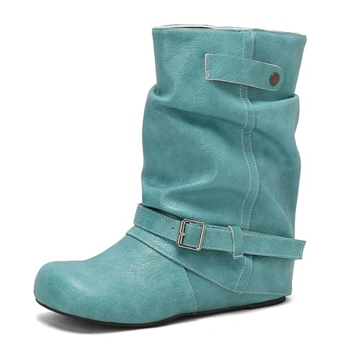 Renessmi Klassische Ohne Verschluss Interne Erhohen Damen Lockere Stiefel Runde Zehen Weit Fit Keilabsatz Mode Hohe Stiefel Footwear Grün Gr 37 EU-38 Cn von Renessmi