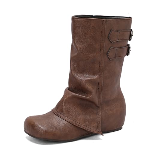 Renessmi Klassische Ohne Verschluss Interne Erhohen Damen Lockere Stiefel Runde Zehen Weit Fit Keilabsatz Mode Hohe Stiefel Footwear Kaffee Gr 35 EU von Renessmi