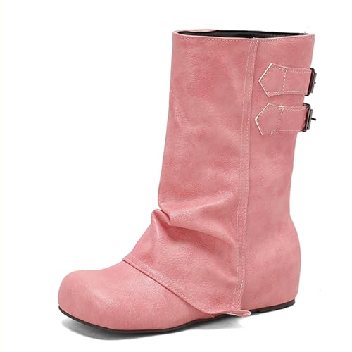 Renessmi Klassische Ohne Verschluss Interne Erhohen Damen Lockere Stiefel Runde Zehen Weit Fit Keilabsatz Mode Hohe Stiefel Footwear Pink Gr 43 EU-45 Cn von Renessmi
