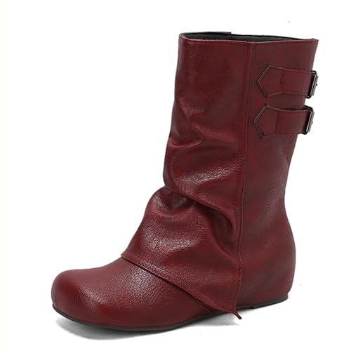 Renessmi Klassische Ohne Verschluss Interne Erhohen Damen Lockere Stiefel Runde Zehen Weit Fit Keilabsatz Mode Hohe Stiefel Footwear Rotwein Gr 46 EU-48 Cn von Renessmi