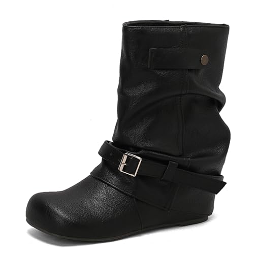 Renessmi Klassische Ohne Verschluss Interne Erhohen Damen Lockere Stiefel Runde Zehen Weit Fit Keilabsatz Mode Hohe Stiefel Footwear Schwarz Gr 36 EU von Renessmi