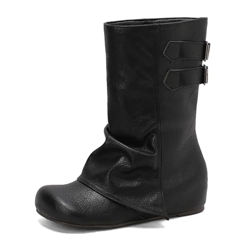 Renessmi Klassische Ohne Verschluss Interne Erhohen Damen Lockere Stiefel Runde Zehen Weit Fit Keilabsatz Mode Hohe Stiefel Footwear Schwarz Gr 47 EU-49 Cn von Renessmi