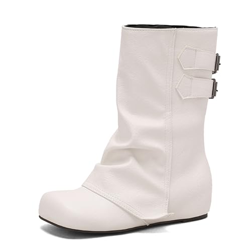 Renessmi Klassische Ohne Verschluss Interne Erhohen Damen Lockere Stiefel Runde Zehen Weit Fit Keilabsatz Mode Hohe Stiefel Footwear Weiß Gr 46 EU-48 Cn von Renessmi