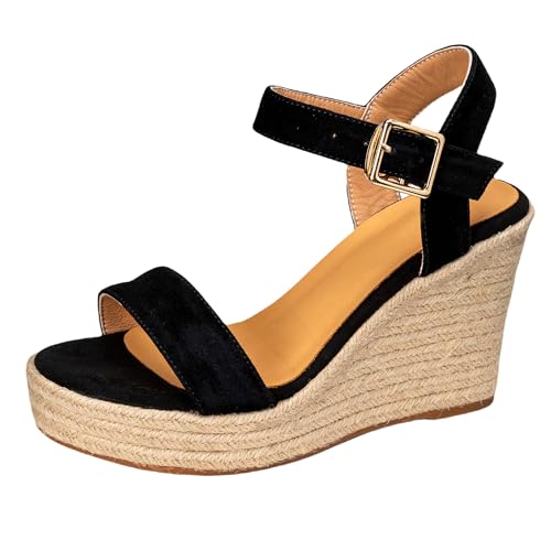 Renessmi Klassische Party Offene Zeh Espadrille Keilabsatz Damensandalen Plateau Slingback Knöchelriemchen Elegant Footwear Schwarz Gr 36 EU von Renessmi