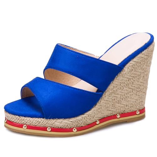 Renessmi Klassische Peep Toe Keilabsatz Ohne Verschluss Damen Pantoffeln Espadrille Slingback Plateau Strappy Draußen Mules Footwear Blau Gr 36.5 EU-37 Cn von Renessmi