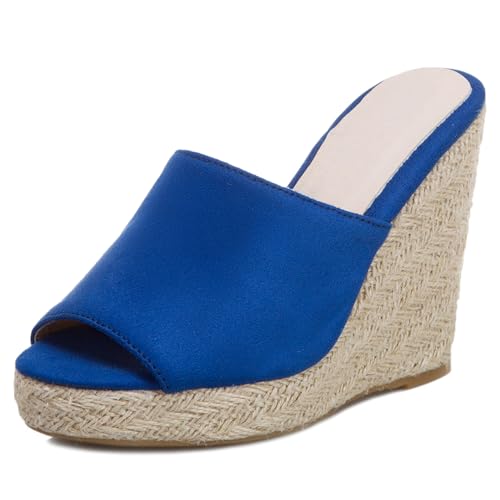 Renessmi Klassische Peep Toe Keilabsatz Ohne Verschluss Damen Pantoffeln Espadrille Slingback Plateau Strappy Draußen Mules Footwear Blau Gr 40 EU-41 Cn von Renessmi