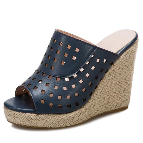 Renessmi Klassische Peep Toe Keilabsatz Ohne Verschluss Damen Pantoffeln Espadrille Slingback Plateau Strappy Draußen Mules Footwear Blau Gr 45 EU-47 Cn von Renessmi