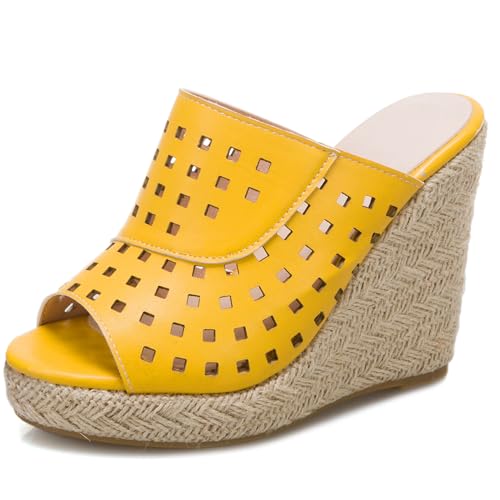 Renessmi Klassische Peep Toe Keilabsatz Ohne Verschluss Damen Pantoffeln Espadrille Slingback Plateau Strappy Draußen Mules Footwear Gelb Gr 38 EU-39 Cn von Renessmi