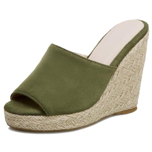 Renessmi Klassische Peep Toe Keilabsatz Ohne Verschluss Damen Pantoffeln Espadrille Slingback Plateau Strappy Draußen Mules Footwear Grün Gr 36.5 EU-37 Cn von Renessmi