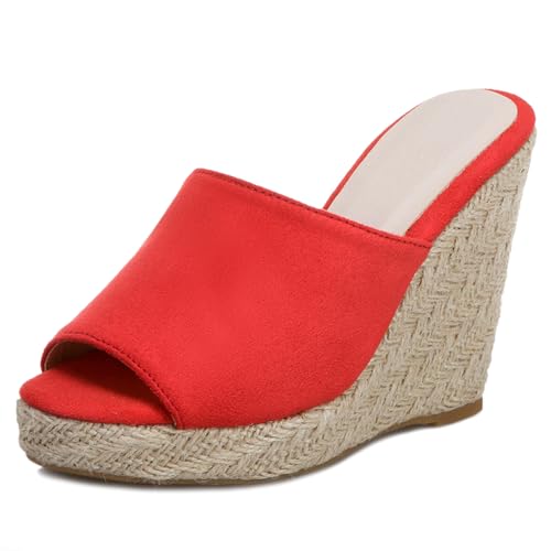 Renessmi Klassische Peep Toe Keilabsatz Ohne Verschluss Damen Pantoffeln Espadrille Slingback Plateau Strappy Draußen Mules Footwear Rot Gr 36.5 EU-37 Cn von Renessmi