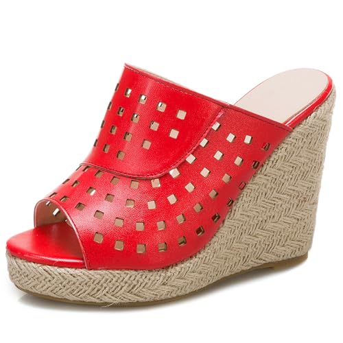 Renessmi Klassische Peep Toe Keilabsatz Ohne Verschluss Damen Pantoffeln Espadrille Slingback Plateau Strappy Draußen Mules Footwear Rot Gr 40.5 EU-42 Cn von Renessmi