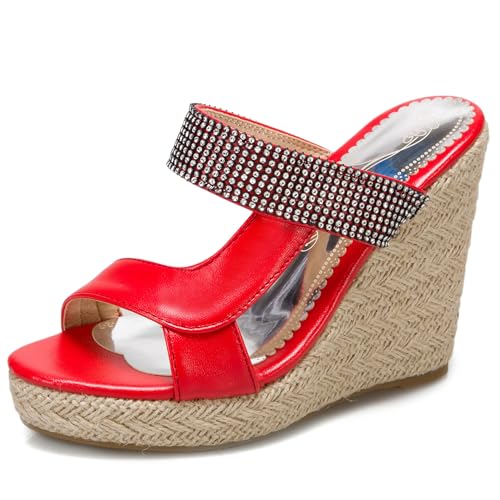Renessmi Klassische Peep Toe Keilabsatz Ohne Verschluss Damen Pantoffeln Espadrille Slingback Plateau Strappy Draußen Mules Footwear Rot Gr 41 EU-43 Cn von Renessmi